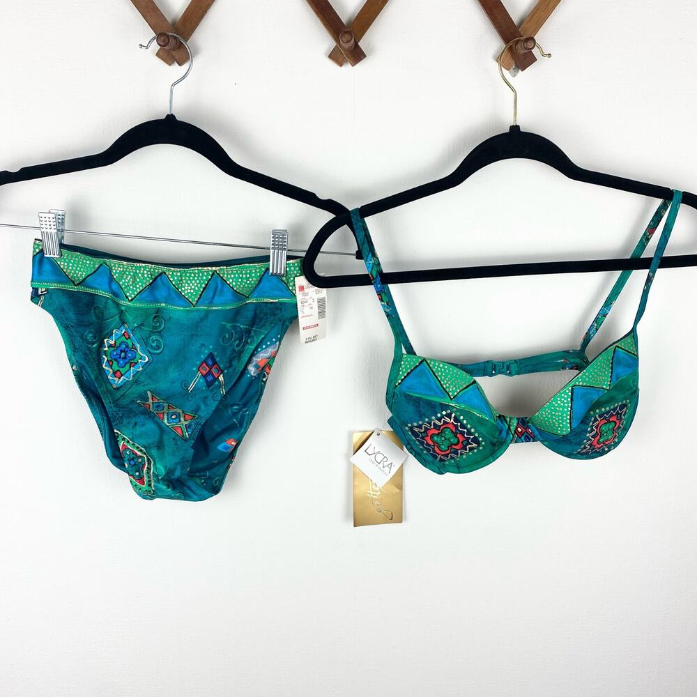 Deadstock 80s 90s Gottex Bikini Size 8 Underwire High Leg Teal Blue Two Piece